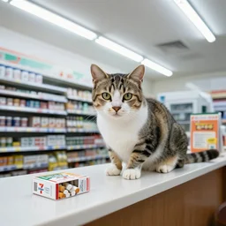 cat on the counter in 7 - eleven next to a pack of cigarettes wide angle lens