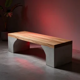 high tech concrete bench cube, natural wood top, minimal, dramatic lighting and composition, trending on artstation, concept art, red light, plants