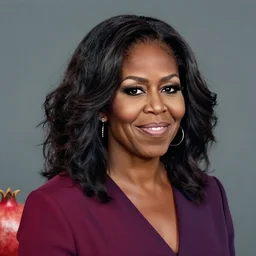 photo of a pomegranate with michelle obama's face, standing tall, smiling softly, sharp detailed face, highly detailed, artstation, 8 k