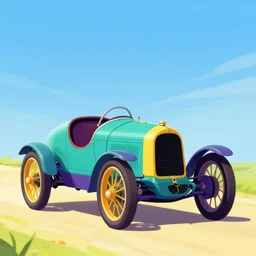 saturated teal deep purple orange sky blue lemon yellow colors matte animation cel still of the 1 9 0 3 paris madrid race early automobile racing action shot vibrant detailed 1 9 9 0 anime sharp, rendered in unreal engine 5, anime key art by greg rutkowski, bloom, dramatic lighting poster art deco