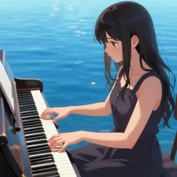 Anime girl playing piano on blue water, long shot, digital painting, lots de details, detailed, 4k