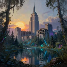 a beautiful ultradetailed painting of architecture urbex nature unfinished building empire by john constable, nature wilderness lake darkacademia neon noir fantasy extraterrestial laser thermal vision junglepunk thermal imaging tundra morning sun, archdaily, wallpaper, highly detailed, trending on artstation.
