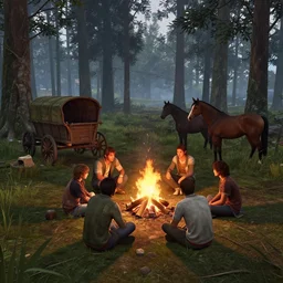 forest clearing with 4 people gathered around the fire, a wagon parked on the side, and two horses - point of eyes, in gta v, stephen bliss, unreal engine, fantasy art by greg rutkowski, loish, rhads, ferdinand knab, makoto shinkai and lois van baarle, ilya kuvshinov, rossdraws, tom bagshaw, global illumination,