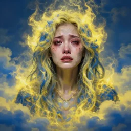 crying!!!!!! woman!!, covered in yellow and blue clouds, fiery, hurtful, shamanistic, cloudcore, portrait, by kim keever