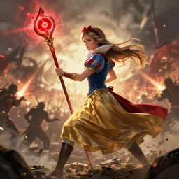 dragon age character wynne, 5 0 years old woman snow white long hair tied bun holding long staff red orb, shooting magic, middle of battle, background full of war silhouettes, fighting, full body, epic, d and d, cinematic, dynamic lighting, concept art, rich color, bioware, by greg rutkowski