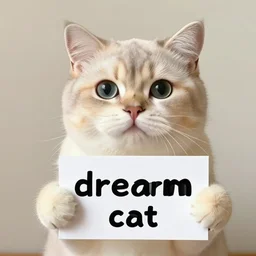 realistic high quality photo of a cute cat holding a sign with text that reads : dream cat, cat