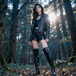 hyperrealistic mithra young girl in her 20s intricate knee high black boots and leather jacket in a forest sun behind her concept art eric zener elson peter cinematic blue light low angle hd 8k sharp shallow depth of field