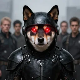 berserk black armor, anthropomorphic shiba inu, shiba inu face helm, full portrait, red laser eyes, masterpiece, glowing bright red neon eyes, by donato giancola and greg rutkowski and wayne barlow and zdzisław beksinski, realistic face