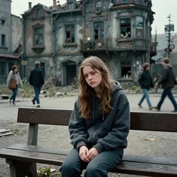 mid shot of sadie sink in hoodie sits on bench in ruined square, pedestrians walk by | steampunk tenement windows in background : 3 5 mm film, anamorphic, from schindler's list by steven spielberg. cyberpunk, cinematic atmosphere, detailed and intricate, perfect anatomy