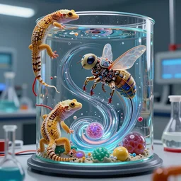 photo inside of a science lab with wired gekko, gelatinosis glass, layered biomechanical insectoid, flux symbiosis, gekko soles gelatin brains,, detailed chaos, artificial, vortices micro water,, octane render, by peter mohrbacher and beeple and alex grey