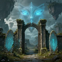 ancient overgrown ruins, medieval gates, runestones, mysetrious etherial mesmerizing runic cat eyes, magical elven geometry, floating islands, high detail