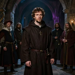 jesse eisenberg as an enigmatic medieval christian ( ( monk ) ) in a dark underground city. dark shadows, colorful, law contrasts, ( ( ( bounce lighting ) ) ) fantasy portrait by jakub rozalski, jan matejko, and j. dickenson