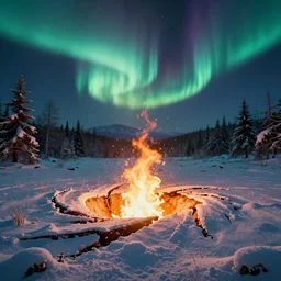 on the night of the aurora, a whirlpool crack appeared on the lawn of the snow covered firefly cattail valley, and the light burst from the whirlpool on the ground, like a dream, like a fairyland. unreal engine 5, super real matte painting, magnificent movie scenes, hdr lighting, trending on artstation