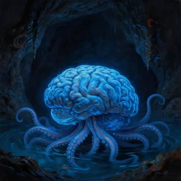 large brain in a shallow water, lots of tentacles, dark cave room, blue bioluminescence, oil painting by greg rukowtski, detailed, blue lighting, dark, glowing water, eerie, trending on artstation