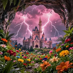 inside of a cave with a hyper - realistic bright coloured natural flowers and ferns : 4, overlooking a castle with pink lightning clouds : 1, highly symmetrical, balanced, lightning clouds : 6, octane render, in the style of sahm : 8 hd, 4 k, ultra - realistic, in unreal engine
