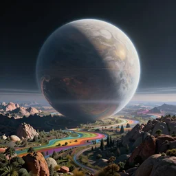 a photorealistic psychedelic landscape on a Dyson sphere