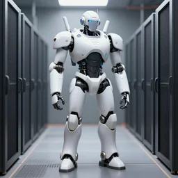 a digital art of robot power armor in server room by simon stalenhag character design, robot in data center, trending on artstation, 8 k, ultra wide angle, zenith view, pincushion lens effect