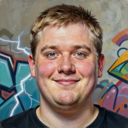tall chunky man in his twenties with brown blond short regular haircut and round facial structure with cleft chin, straight eyebrows, big grey blue eyes, smirking, happy, slightly set back jaw, cheekbones, straight nose, wider face, slight shadow of beard, picture by sachin teng, masterpiece, organic painting, matte painting, tehnical drawing shapes, lightning electricity coil, hard edges, graffiti, street art by sachin teng