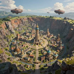 an epic fantasy town built within a crater at a distance with sky - ships flying around it, 4 k, extremely detailed. award winning, trending on artstation, 8 k, ultra wide angle