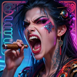 no mouth, scream, cyberpunk angry gorgeous goddess, alterd carbon, cigar, neon, fibonacci, sweat drops, insane, intricate, highly detailed, digital painting, artstation, concept art, smooth, sharp focus, illustration, Unreal Engine 5, 8K, art by artgerm and greg rutkowski and alphonse mucha