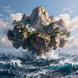 beautifully strange photo illustration of mountains in broad daylight floating above a stormy ocean sea with huge waves, beautiful, deep colors, bright, amazing, gorgeous, wonderful, Hyper detailed digital matte painting, concept art, hyperrealism, Cinema 4D, 8k resolution, 64 megapixels, coherent, CGSociety, ZBrush Central, behance HD, hypermaximalist, a masterpiece