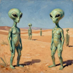 weird alien figures in desert landscape in the style of pablo picasso