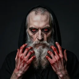 portrait of alexander abdulov, with a red eyes, satanic body, head of old man, hands with blood of sinners