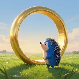( ( a cute blue hedgehog looking up at a large ring made of gold in the sky. cover art. ) ), large gold ring!, blue fur, gold ring, beautiful green grassland, early morning hours, long shadows, extremely detailed, fantasy painting, by jean - baptiste monge!!!!