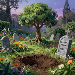 the garden ; to dig my flowers garden ; after i die ; after you die ; to dig yours ; to beg them ; to be wet from dawn to dawn ; tree growing from the grave, concept art, mystic garden, ultrarealistic, fantasy by ferdinand knab, vivid colours