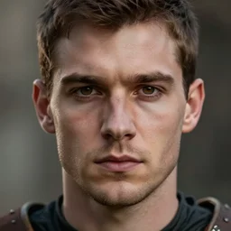 dramatic cinematic close up artwork of a single medieval commander in his twenties, clean shaven with short brown hair, hazel eyes and a small chin staring into the distance solemnly in front of his warriors by greg rutowski, 4 k, masterpiece, sun rays