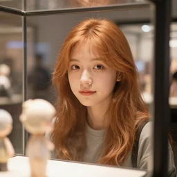 a cute teen a girl with ginger hair in a display case face looking at the camera