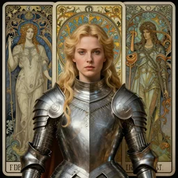 masterpiece head-on symmetrical centered portrait, Elisha Cuthbert as a paladin, fully armoured, blonde hair, masterpiece fractal art nouveau tarot card background, gothic painting style, victorian painting style, elegant, distant, in the style of Edgar Maxence and Ross Tran and Zdzisław Beksiński and Michael Whelan and Gustave Doré and H.R. Giger, specular highlights, 8k, octane render