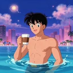 portrait of ( ( hermoso joven dotado latino macho alegre sin camisa ) ), nadando con su cafe a mano, una ciudad lleno de nubes y magia y amor, concept character, by greg rutowski and tezuka and oi and mucha and bierstadt and remington, trending on artstation