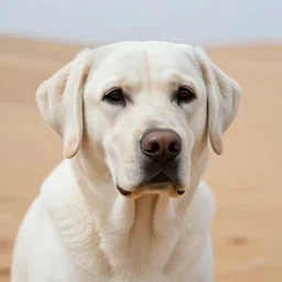 a close - up of a white labrador dog in a desert