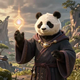 a portrait an anthropomorphic panda mage casting a spell, wearing mage robes, landscape in background, dnd character art portrait, world of warcraft style, by peter mohrbacher, cinematic lighting