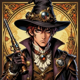 a detailed portrait illustration of a steampunk wizard - gunslinger. beautiful androgynous teenage face. art nouveau, pop art, comic book style. influenced by neil gaiman, jules verne, dan mumford, brian froud, killian eng, ross tran.