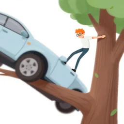 A slim man with orange hair and glasses crashing in a tree with his car