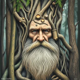 camouflage art ; the forest makes the face of a wise old hassid with a long beard dreamy surrealism, masterpiece, golden mean, line art color pencil, watercolor, award winning by bev doolittle