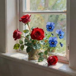 A painting of a windowsill with flowers. Red roses. Blue Violas. The natural light from the window would be shining in on the scene. Trending on artstation