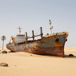 an abandoned rusty cargo ship in the desert, palm trees and rocks, stylish, elegant, intricate extremely detailed line art and watercolor by kim jung gi
