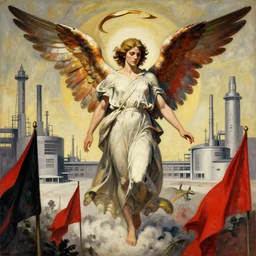 totalitarian socialist angel, futurism alternate timeline, anarcho - communist heaven, red and black flags, modernist factories in background, art by max ernst, cnt spanish civil war era propaganda, extremely detailed, 4 k