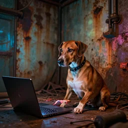 the brown hound dog mad mutt mixing industrial music on a laptop in an apocalypsecore setting, as strange colored lighting covers the rusty walls.