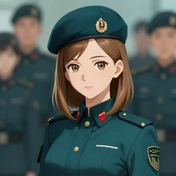young woman with shoulder length light brown hair and hazel eyes dressed in a sharp dark teal military uniform and beret, anime, ilya kuvshinov, greg rutkowski, guweiz, ross tran, loish, svetlana tigai, artgerm, artstation trending, concept art, digital painting