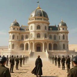 grand house atreides on dune, hdr, 8 k, bokeh, military troops surround the perimeter, volumetric lighting, designed by moebius, yasushi nirasawa syd mead