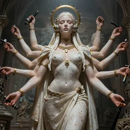 Lovely full bodied lustful 6 armed cyberpunk priestess , carved , epic , Post-processing , low angle , Jean Giraud, masterpiece