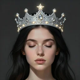 portrait of hila klein wearing a light grey crown, photorealistic, crown, eyes closed, crown, black hair, intricate, elegant, glowing lights, highly detailed, digital painting, artstation, concept art, smooth, sharp focus, illustration, art by wlop, mars ravelo and greg rutkowski