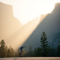 hd photograph of a skateboarder in yosemite. morning photograph, atmospheric