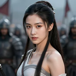 suzu hirose as chinese warrior princess at the battle of helms deep, background: battle scene, clear makeup, clean hair, dry skin, clear skin, airbrushed, bright eye makeup, warrior body, photo by mario testino, 8k octane render, cinematic, hyper detailed, micro details, insanely detailed, trending on artstation, concept art
