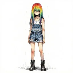 a grungy woman with rainbow hair, soft eyes and narrow chin, dainty figure, long hair straight down, torn overalls, short shorts, combat boots, side boob, wet tshirt, raining, basic white background, symmetrical, watercolor, pen and ink, intricate line drawings, by Yoshitaka Amano, Ruan Jia, Kentaro Miura, Artgerm,