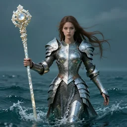 fantasy woman with armor emerging from the sea holding a staff made with mother-of-pearl, by Artgerm, medium shot